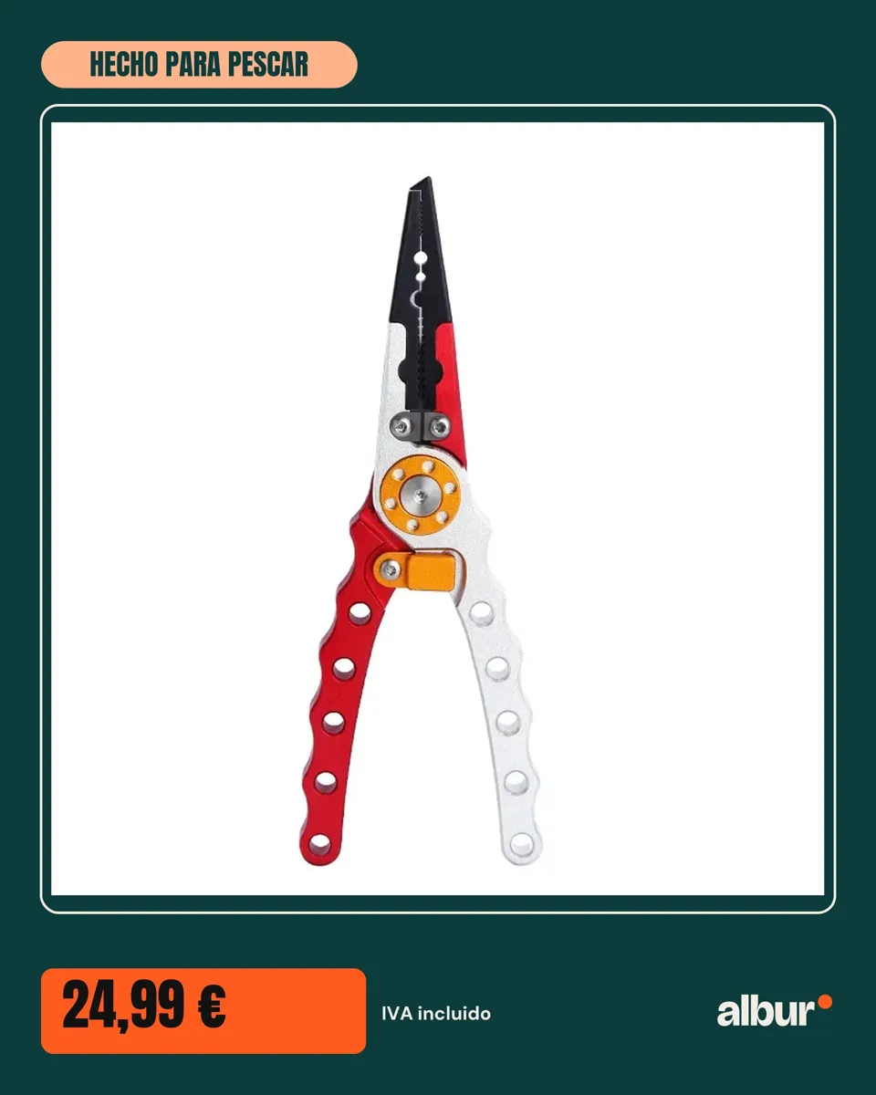 Alicates de pesca de aluminio con funda, rojo y plata, formato vertical